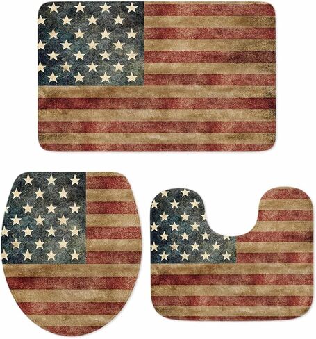 مجموعة سجاد الحمام كوينكر المكونة من 3 قطع لعيد الاستقلال، غطاء مقعد المرحاض، سجادة محيطية مطبوعة بعلم أمريكي قديم، حصيرة قاعدة وغطاء غطاء المرحاض، حصيرة أرضية حمام غير قابلة للانزلاق كبيرة in Kuwait