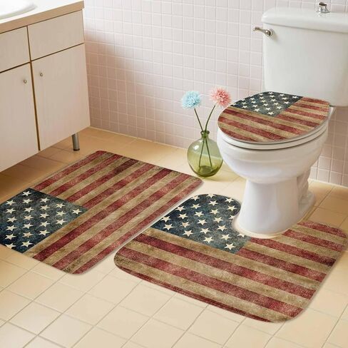 مجموعة سجاد الحمام كوينكر المكونة من 3 قطع لعيد الاستقلال، غطاء مقعد المرحاض، سجادة محيطية مطبوعة بعلم أمريكي قديم، حصيرة قاعدة وغطاء غطاء المرحاض، حصيرة أرضية حمام غير قابلة للانزلاق كبيرة in Kuwait
