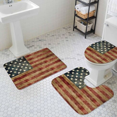 مجموعة سجاد الحمام كوينكر المكونة من 3 قطع لعيد الاستقلال، غطاء مقعد المرحاض، سجادة محيطية مطبوعة بعلم أمريكي قديم، حصيرة قاعدة وغطاء غطاء المرحاض، حصيرة أرضية حمام غير قابلة للانزلاق كبيرة in Kuwait