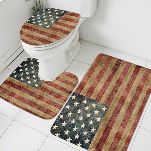 مجموعة سجاد الحمام كوينكر المكونة من 3 قطع لعيد الاستقلال، غطاء مقعد المرحاض، سجادة محيطية مطبوعة بعلم أمريكي قديم، حصيرة قاعدة وغطاء غطاء المرحاض، حصيرة أرضية حمام غير قابلة للانزلاق كبيرة in Kuwait