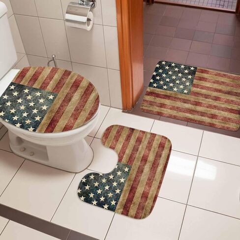 مجموعة سجاد الحمام كوينكر المكونة من 3 قطع لعيد الاستقلال، غطاء مقعد المرحاض، سجادة محيطية مطبوعة بعلم أمريكي قديم، حصيرة قاعدة وغطاء غطاء المرحاض، حصيرة أرضية حمام غير قابلة للانزلاق كبيرة in Kuwait