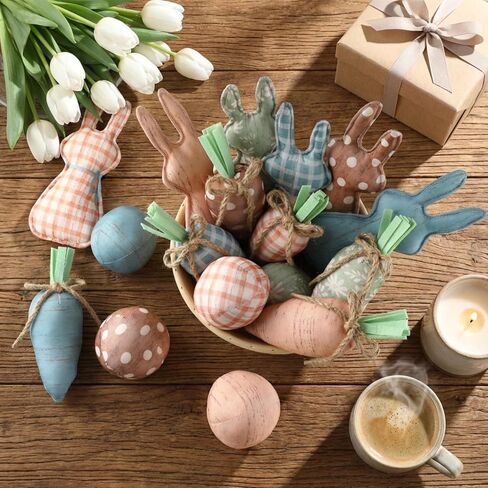 18 Pcs Rustic Easter Bunny Decorations Farmhouse Spring Fabric Bunnies Carrot Eggs Vase Filler Table Decor for Desk Counter Tiered Tray Basket Spring Easter Wedding Home Exquisite Soft Craft in Saudi Arabia