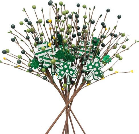 6 Pcs St. Patricks Day Decorations St. Patrick's Shamrock Picks Vase Artificial Clover Branches Berry Stems Decoration for Table Centerpiece Floral Arrangements Party Irish Vase Decor in Kuwait