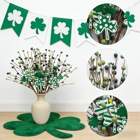 6 Pcs St. Patricks Day Decorations St. Patrick's Shamrock Picks Vase Artificial Clover Branches Berry Stems Decoration for Table Centerpiece Floral Arrangements Party Irish Vase Decor in Saudi Arabia