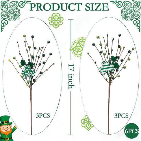 6 Pcs St. Patricks Day Decorations St. Patrick's Shamrock Picks Vase Artificial Clover Branches Berry Stems Decoration for Table Centerpiece Floral Arrangements Party Irish Vase Decor in Saudi Arabia