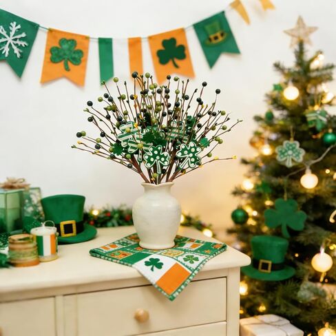 6 Pcs St. Patricks Day Decorations St. Patrick's Shamrock Picks Vase Artificial Clover Branches Berry Stems Decoration for Table Centerpiece Floral Arrangements Party Irish Vase Decor in Saudi Arabia