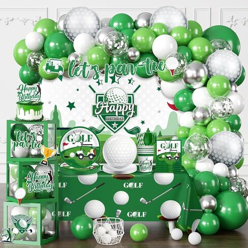 257 Pcs Golf Birthday Decorations, Golf Theme Tableware Serves 25, All-in-1 Pack Includes Plates, Let's Par-Tee Backdrop Tablecloth, Balloon Boxes, Balloon Kit for Golf Party Decorations in Saudi Arabia
