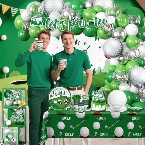 257 Pcs Golf Birthday Decorations, Golf Theme Tableware Serves 25, All-in-1 Pack Includes Plates, Let's Par-Tee Backdrop Tablecloth, Balloon Boxes, Balloon Kit for Golf Party Decorations in Saudi Arabia