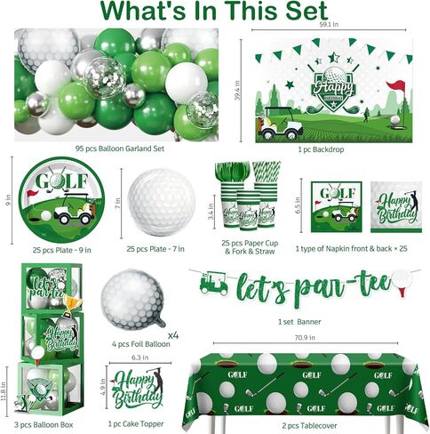 257 Pcs Golf Birthday Decorations, Golf Theme Tableware Serves 25, All-in-1 Pack Includes Plates, Let's Par-Tee Backdrop Tablecloth, Balloon Boxes, Balloon Kit for Golf Party Decorations in Saudi Arabia