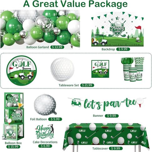 257 Pcs Golf Birthday Decorations, Golf Theme Tableware Serves 25, All-in-1 Pack Includes Plates, Let's Par-Tee Backdrop Tablecloth, Balloon Boxes, Balloon Kit for Golf Party Decorations in Saudi Arabia