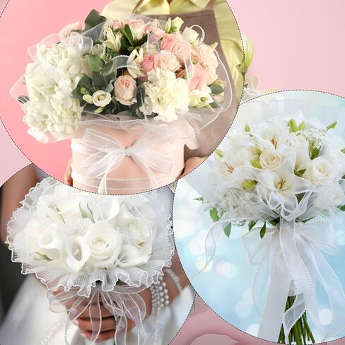 Zeyune 3.8 Yard Bouquet Wrapping Paper with 1.5 Inch x 2.2 Yard Pearl Edge Ribbon, Flower Wrapping Paper Pearl Edge for DIY Crafts Party Favor Decor Florist Supplies Wedding Gift Packaging in Saudi Arabia