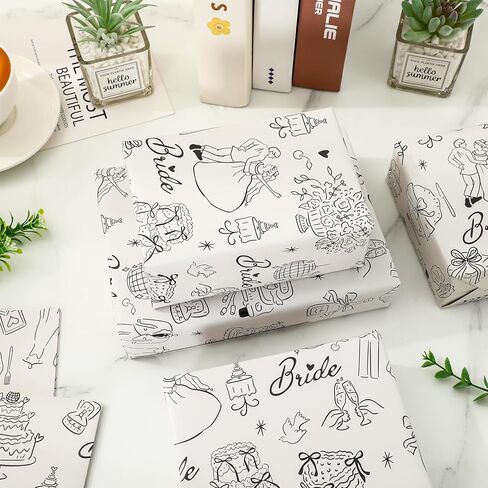 Whaline Wedding Wrapping Paper -Not Roll- Black Gift Wrap Paper Bulk Folded Flat Wedding Car Bride Groom Bow Art Papers for Bridal Shower, 6 Sheet, 27.6 x 39.4 Inch in Saudi Arabia