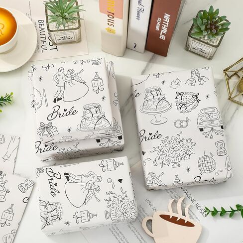 Whaline Wedding Wrapping Paper -Not Roll- Black Gift Wrap Paper Bulk Folded Flat Wedding Car Bride Groom Bow Art Papers for Bridal Shower, 6 Sheet, 27.6 x 39.4 Inch in Saudi Arabia