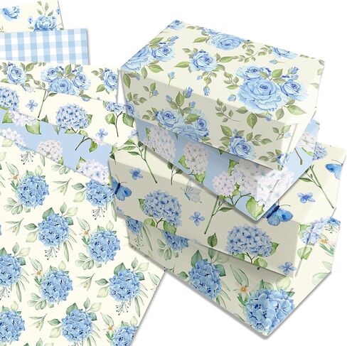 12 Sheets Hydrangea Wrapping Paper Blue Hydrangea Gift Wrap Paper Blues and White Checkered Pattern Gift Wrapping Papers Floral Art Papers for DIY Crafts Birthday Gift Packing Favors, 20x27 Inch in Saudi Arabia