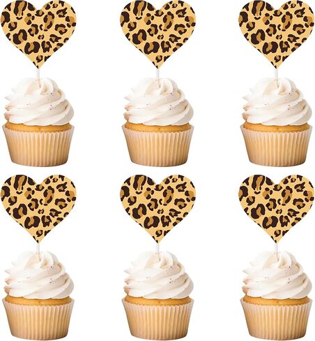 Cheetah Heart Cupcake Toppers Leopard Print Party Decorations 24PCS Cheetah Theme Print Heart Cake Picks for Wild Animals Baby Shower Birthday Engagement Bachelorette Bridal Shower Supplies in Saudi Arabia