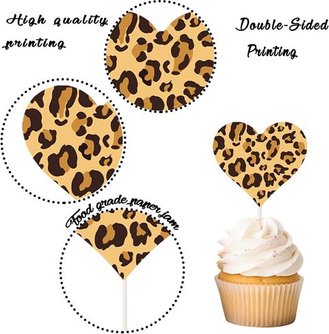 Cheetah Heart Cupcake Toppers Leopard Print Party Decorations 24PCS Cheetah Theme Print Heart Cake Picks for Wild Animals Baby Shower Birthday Engagement Bachelorette Bridal Shower Supplies in Saudi Arabia