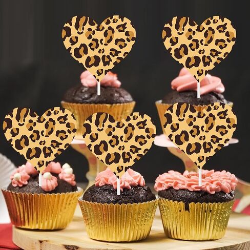 Cheetah Heart Cupcake Toppers Leopard Print Party Decorations 24PCS Cheetah Theme Print Heart Cake Picks for Wild Animals Baby Shower Birthday Engagement Bachelorette Bridal Shower Supplies in Saudi Arabia