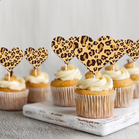 Cheetah Heart Cupcake Toppers Leopard Print Party Decorations 24PCS Cheetah Theme Print Heart Cake Picks for Wild Animals Baby Shower Birthday Engagement Bachelorette Bridal Shower Supplies in Saudi Arabia
