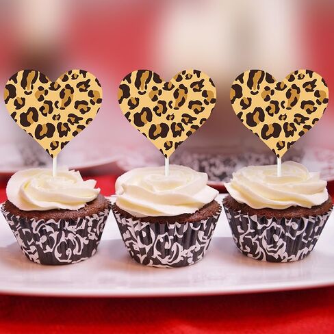 Cheetah Heart Cupcake Toppers Leopard Print Party Decorations 24PCS Cheetah Theme Print Heart Cake Picks for Wild Animals Baby Shower Birthday Engagement Bachelorette Bridal Shower Supplies in Saudi Arabia