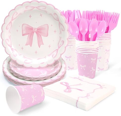 Pink Bow Plates Party Supplies - 168Pcs Pink Bow Birthday Party Decorations Bow Paper Plates and Napkins Cups Knives Forks Spoons Serve for 24 in Saudi Arabia
