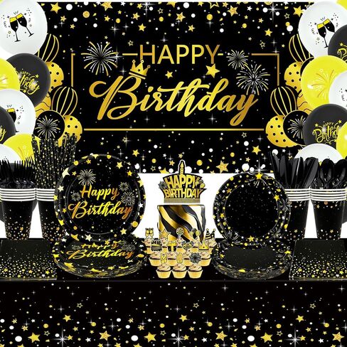 Black Gold Birthday Party Decorations - Black and Gold Party Supplies including Backdrop, Plate, Cake Topper, Cup, Napkin, Balloon, Tablecloth - Serves 20 in Saudi Arabia