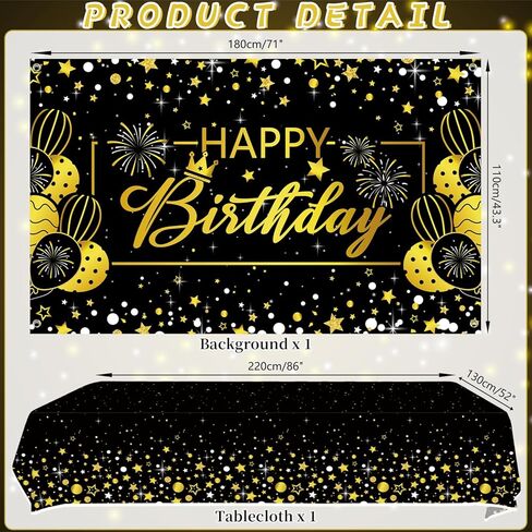 Black Gold Birthday Party Decorations - Black and Gold Party Supplies including Backdrop, Plate, Cake Topper, Cup, Napkin, Balloon, Tablecloth - Serves 20 in Saudi Arabia