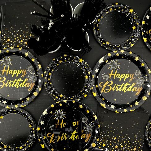 Black Gold Birthday Party Decorations - Black and Gold Party Supplies including Backdrop, Plate, Cake Topper, Cup, Napkin, Balloon, Tablecloth - Serves 20 in Saudi Arabia
