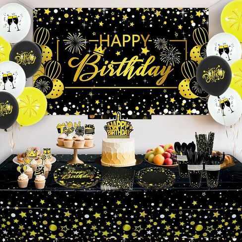 Black Gold Birthday Party Decorations - Black and Gold Party Supplies including Backdrop, Plate, Cake Topper, Cup, Napkin, Balloon, Tablecloth - Serves 20 in Saudi Arabia