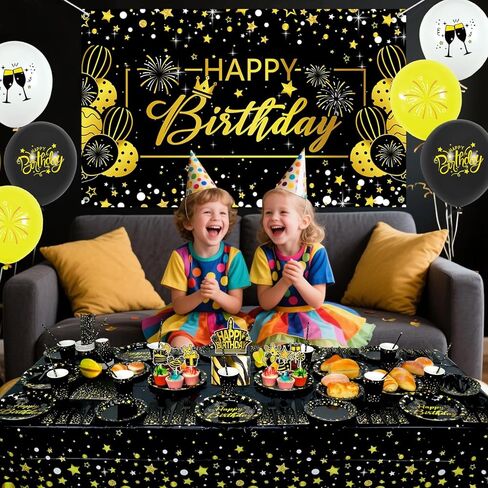 Black Gold Birthday Party Decorations - Black and Gold Party Supplies including Backdrop, Plate, Cake Topper, Cup, Napkin, Balloon, Tablecloth - Serves 20 in Saudi Arabia