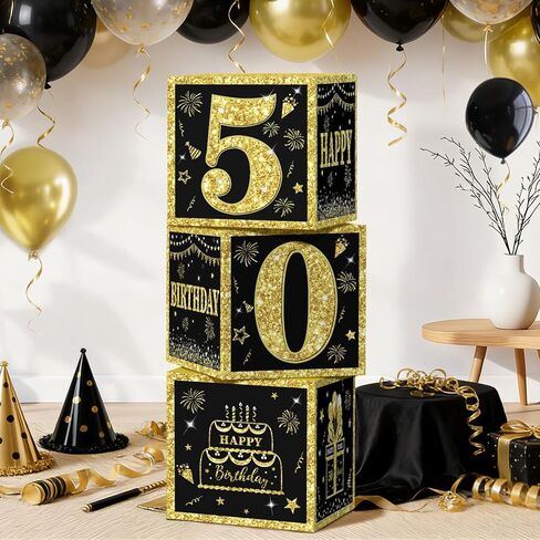 زينة عيد الميلاد الخمسين للرجال، صناديق بالونات عيد الميلاد الخمسين السعيدة من الذهب الأسود، لوازم الحفلات بعمر 50 عامًا in Saudi Arabia