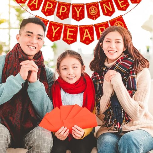 Whaline 3Pcs Chinese New Year Banner Red Gold 2026 Happy New Year Bunting Banner Pre-Assembled Spring Festival Bunting Garland for Home Office Party Photo Background Decoration Supplies in Saudi Arabia