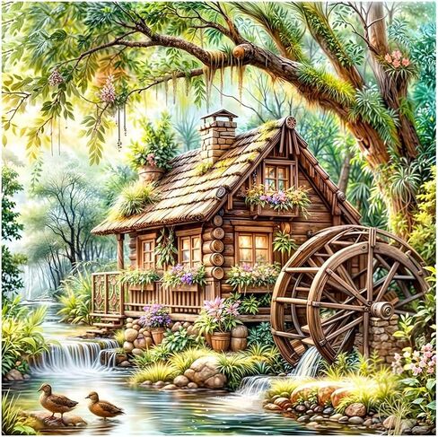 AMORARS Landscape Diamond Art Kits for Adults - 5D Wooden House Diamond Painting Kit for Beginners - Full Diamond Dot Rond Gem Art Paintings and Gifts Home Decoration Crafts, 12x12Inch in Saudi Arabia