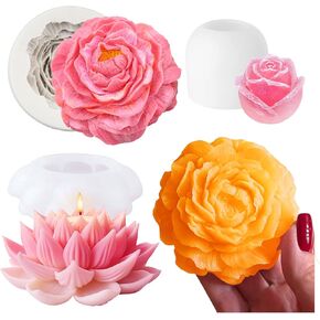 3 قطع قوالب شموع زهور ثلاثية الأبعاد لمستلزمات صنع الشموع، قالب سيليكون لزهرة اللوتس الفاوانيا الوردية للشموع المعطرة للعلاج العطري، صناعة الصابون بنفسك، ديكور منزلي من راتنج الإيبوكسي والجبس الأسمنتي in Kuwait