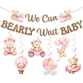 We Can Bearly Wait Baby Shower Decorations - Bear Baby Shower Decorations We Can Bearly Wait Sign Glitter Brown Banner with Hanging Swirls for Baby Girl Gender Reveal Party Supplies in Kuwait