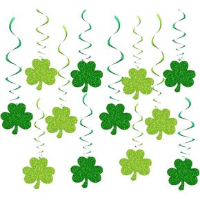24Pcs St. Patrick's Day Hanging Swirls Decoration Green Glitter Shamrock Ceiling Spirals Steamers Ornament for Irish Holiday Birthday Party Supplies. in Kuwait