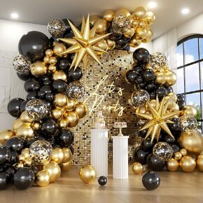Jenlion Black and Gold Balloon Arch Kit with 2 Starburst Foil Balloons, 154pcs 18/12/10/5in Confetti Garland for 2026 Graduation New Years Eve Birthday Retirement Party Decorations in Kuwait