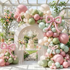 زينة استحمام الطفل الربيعية مع مجموعة قوس بالون الوردي والأخضر وبالونات من رقائق الفويل على شكل فيونكة لؤلؤية من أجل طفل رضيع في أزهار وديكورات الغابات ومستلزمات الحفلات in Kuwait