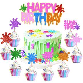 Slime Birthday Cake Decorations - Glitter Happy Birthday Cake Topper Colorful It's Slime Time Cupcake Toppers for Kids Girls Boys Slime Splatter Splash Paint Art Theme Birthday Party Supplies in Saudi Arabia
