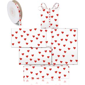 Valentine's Day Romantic Wrapping Paper Red Hearts On White Wrapping Paper Set of 4 Folded Flat Sheets With Matched Silk Red Hearts On White Ribbon for Wedding Anniversary Baby Shower Birthday Holiday Gift Packing, 20 x 28 Inch in Saudi Arabia