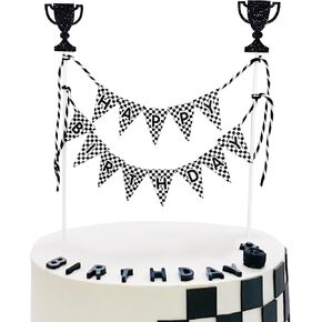 Happy Birthday Cake Topper Banner, Black and White Checkered Racing Theme, Trophy Design Cake Decoration, 8 Inch in Saudi Arabia