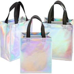 Ronvir 30 Pcs Iridescent Glossy Gift Bags Bulk,8x4x10 inch Non Woven Holographic Reusable Party Favors Bags for Birthday, Christmas, Goodie,Wedding, Holiday, with Handles & Sturdy Base - Medium in Saudi Arabia