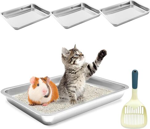 BNOSDM 4 Pcs Stainless Steel Litter Pan Low Entry Cat Litter Box Shallow Metal Litter Tray, Nonstick Open Top Cat Box for Kitten, Rabbits and Small Animals (14.2x10.6x1.9 Inch) in Saudi Arabia