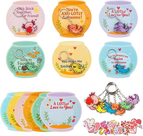 YXILEE Valentines Day Gifts for Kids Classroom – 30 Pack Axolotl Keychains with Cards & Stickers – School Exchange & Party Favors for Boys and Girls in Saudi Arabia