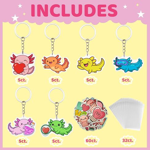 YXILEE Valentines Day Gifts for Kids Classroom – 30 Pack Axolotl Keychains with Cards & Stickers – School Exchange & Party Favors for Boys and Girls in Saudi Arabia