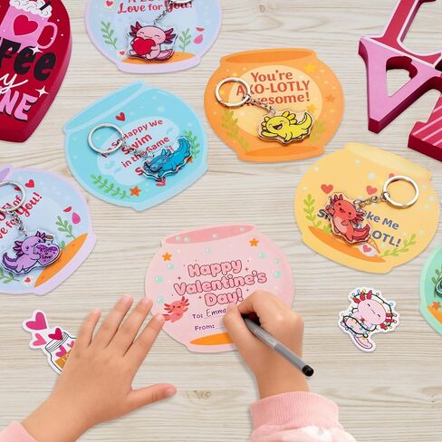 YXILEE Valentines Day Gifts for Kids Classroom – 30 Pack Axolotl Keychains with Cards & Stickers – School Exchange & Party Favors for Boys and Girls in Saudi Arabia