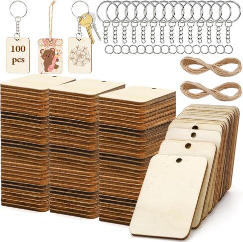 100 Pcs Blank Wood Tag, 2x1.3 Inch Wooden Keychains with Key Rings, Unfinished Wood Pieces for Crafts, Rectangle Wooden Cutouts with 32.8ft Jute Rope for DIY Gift Tags, Hanging Decorations in Saudi Arabia
