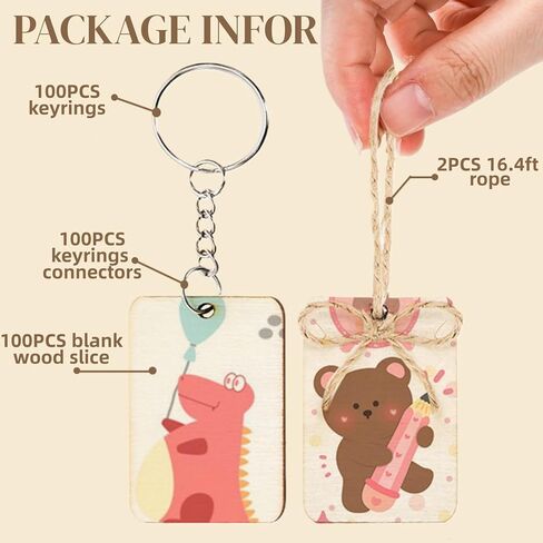 100 Pcs Blank Wood Tag, 2x1.3 Inch Wooden Keychains with Key Rings, Unfinished Wood Pieces for Crafts, Rectangle Wooden Cutouts with 32.8ft Jute Rope for DIY Gift Tags, Hanging Decorations in Saudi Arabia