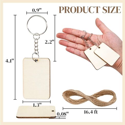 100 Pcs Blank Wood Tag, 2x1.3 Inch Wooden Keychains with Key Rings, Unfinished Wood Pieces for Crafts, Rectangle Wooden Cutouts with 32.8ft Jute Rope for DIY Gift Tags, Hanging Decorations in Saudi Arabia