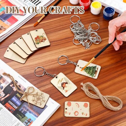 100 Pcs Blank Wood Tag, 2x1.3 Inch Wooden Keychains with Key Rings, Unfinished Wood Pieces for Crafts, Rectangle Wooden Cutouts with 32.8ft Jute Rope for DIY Gift Tags, Hanging Decorations in Saudi Arabia
