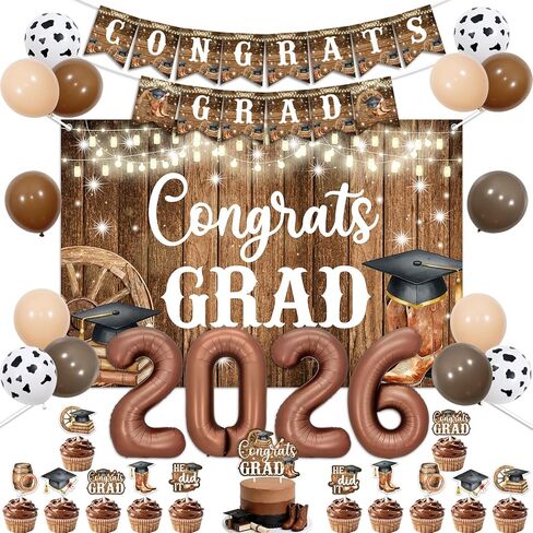Western Cowboy Graduation Party Decorations for Boys Rustic Grad Backdrop 5*3ft Class Of 2026 Banner Cake Cupcake Toppers Graduation Decorations for Rodeo Style Graduate Supplies in Saudi Arabia